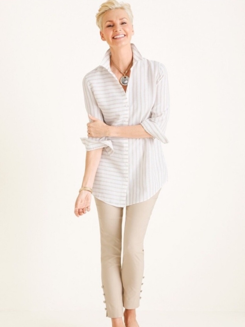Chico's No-Iron Linen Button Front Shirt tan white stripe 3/4 sleeves 2 12/14 - Picture 5 of 14